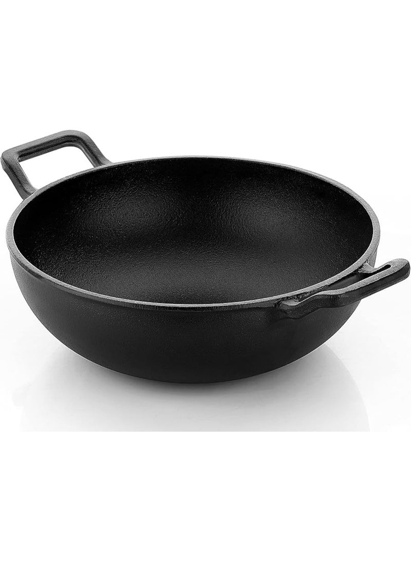 ديسينت مقلاة عميقة من الحديد الزهر للقلي والطهي - مقلاة ووك حديدية شديدة التحمل، مقلاة صغيرة متبلة مسبقًا، مقلاة قلي، أواني طهي من الحديد الزهر للغاز والحث | (24 سم) - Image 2